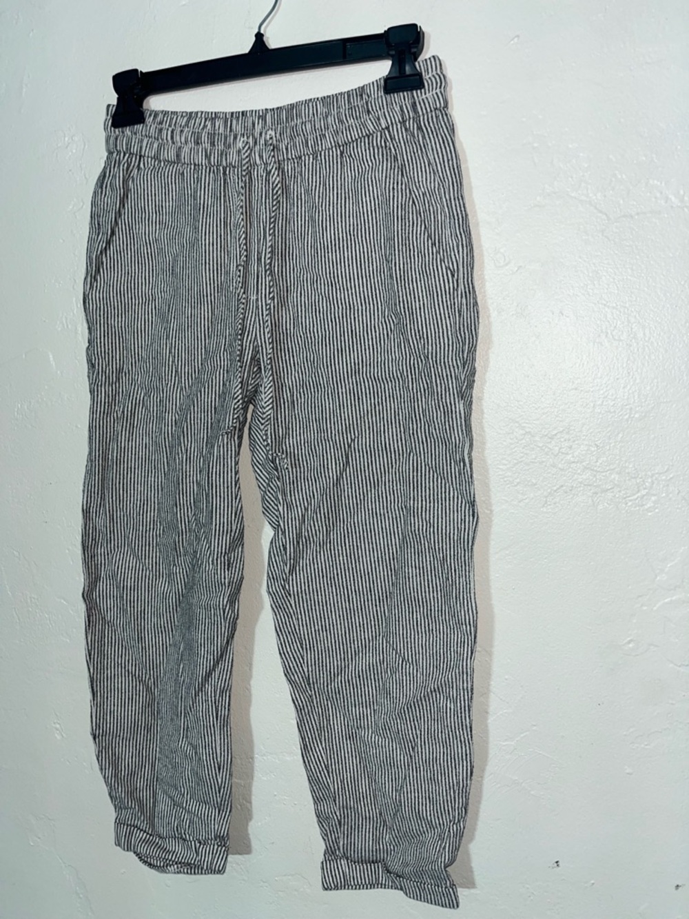 J.Crew Linen Drawstring Casual Striped Pants 00 Petite Fair Trade Ankle Crop EUC
